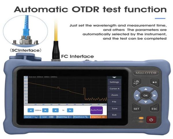 En 1 100KM MINi OTDR 13101550nm 2624dB Reflectómetro de fibra óptica Pantalla táctil VFL OLS OPM Mapa de eventos Probador de cable Ethernet Equipm3198762