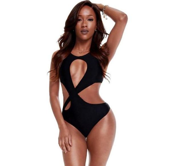 Traje de baño negro de una pieza para mujer, traje de baño Sexy recortado, Monokini para playa, traje de dos piezas, 2021, 1759183