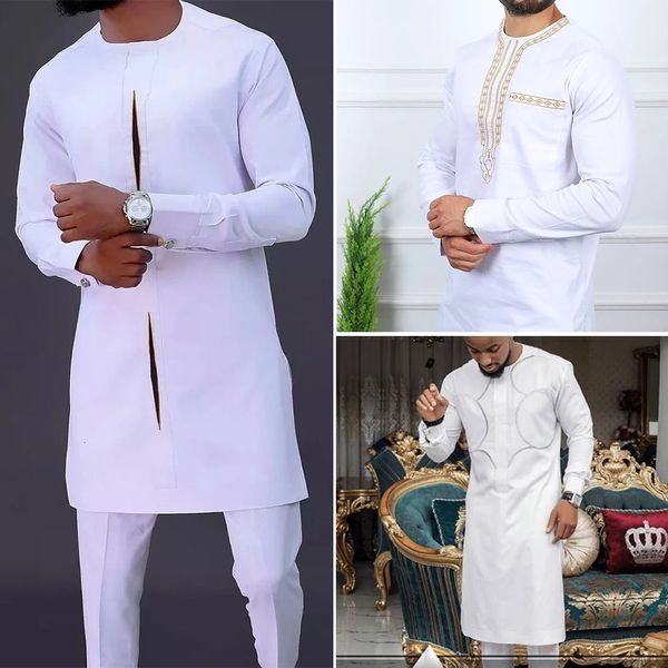 In dashiki 2 pcs white set Abaya Mens Vêtements Top Pant Set à manches longues Elegant Kaftan Africain Style Round Neck Suit 240412