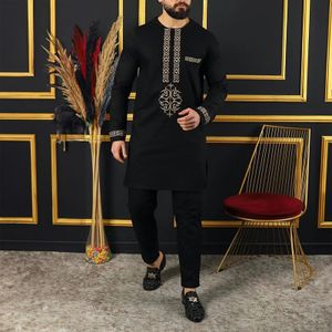 In dashiki 2 stuks sets abaya heren kleding shirt pant set lange mouw elegante kaftan African etnische stijl ronde nekpak 240410