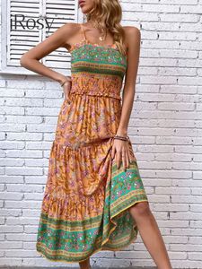Dans des robes boho florales pour femme viscose Summer Summer Sundress Élégant Shirring Cami Robe Femme Vacation Beach Outfits 240411