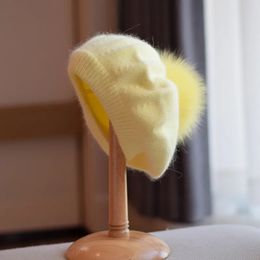 Béret de lapin Angora japonais pour femmes, chapeau d'hiver chaud et doux en tricot, casquette en laine de vison Pom, vente en gros, 231226