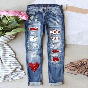 En jean grande taille pour femmes Denim saint valentin jean imprimé trou épaissi pantalon Vintage jean pour femmes adolescente 240320