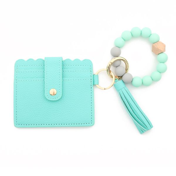 ¡En stock! 13 colores Moda PU Pulsera de cuero Monedero Llavero Borlas Brazalete Llavero Titular de la tarjeta Bolsa de silicona Con cuentas Bolso de mano ID Monedero Bolsillo de crédito A0078