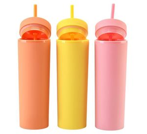 En stock 16 oz acrylique gobelets couleurs mates Double paroi bouteille d'eau café boire en plastique gobelet Sippy tasse avec des pailles gratuites