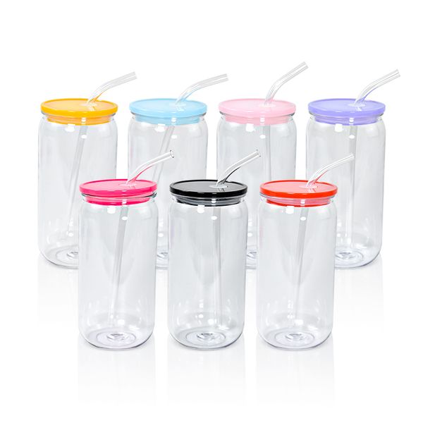 En stock!Tasses de pot de maçon en plastique de 16 oz tasses de canette de bière à paroi unique tasses de PC sans BPA avec couvercles colorés tasses d'impression UV DTF LG37
