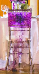 In voorraad 2017 paarse organza ruches stoelhoezen vintage romantische stoel sjerpen mooie mode bruiloft decoraties 03