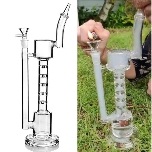 En stock 31 cm de haut clair Bong Dab rig verre Spline forme de bambou Perc recycleur tuyaux de plate-forme pétrolière avec joint de 14 mm