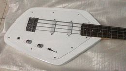 En stock Guitare basse électrique blanche Vox Phantom IV des années 60 à 4 cordes, corps solide de forme rare, incrustation de points en érable, pickguard blanc, matériel chromé