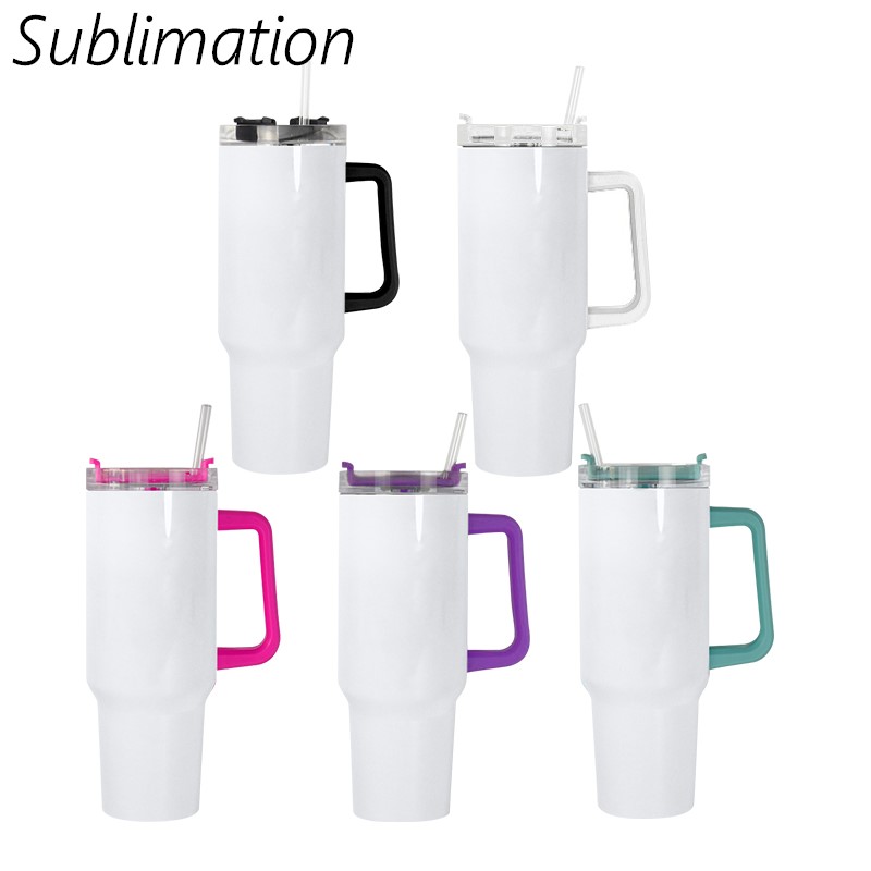 In Stock!! 40oz Stainless Steel Car Tumblers Sublimation 40oz Travel Mugs With Colorful Removable Handles and Lids