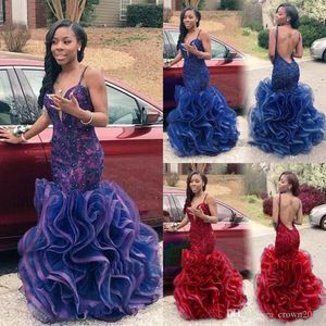 African Mermaid Prom Dresses Arabische Dubai Sexy Bacy Less marineblauw Lace Black Girl Red Party Avondjurken Ruches Long Sweet 16