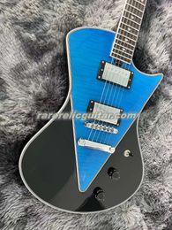 Op voorraad Armada Singlecut Divided Blue elektrische gitaar V-vormig bookmatched Flame Maple top Black Back Curved Triangle Inlay HH pickups Belly Cut Contour