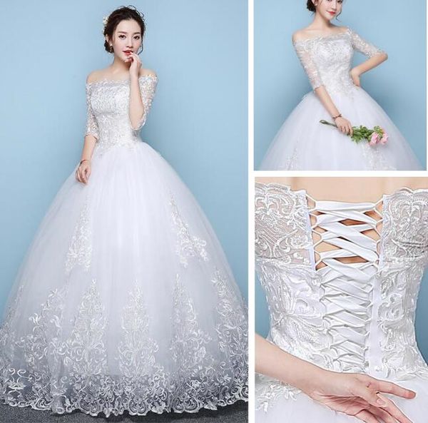 En stock pas cher Bateau robe de bal broderie robe de mariée 1/2 manches parole longueur Tulle avec jupon LD106