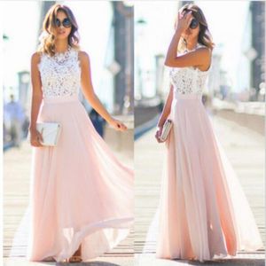 In Voorraad Goedkope Lange Bruidsmeisjesjurken 2021 Blush Roze Kant Chiffon Bohemian Beach Junior Bruidsmeisje Huwelijksgast Dress2419