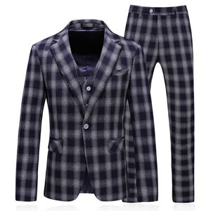 En Stock Classic Plaid Men Wedding Tuxedos Slim Fit One Button Prom Trajes Hombre Party Blazer Suit (Jacket + Vest + Pants)