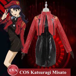 In voorraad cos eva katsuragi misato eva kostuum vrouwelijke theaterversie cosplay pu lederen uniform Halloween J220720