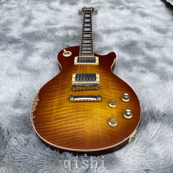 En stock, Shop Custom Gary Moore Peter Green Flame Maple Top Relic Electric Guitar Hommage âgé de 1959 Fmoked Sunburst Fret reliure