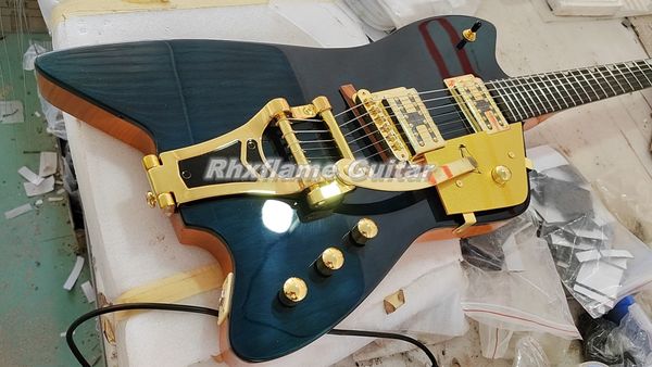 En stock G6199 Billy Bo Júpiter Guitarra eléctrica azul oscuro Encuadernación con cuerpo negro Bigs Puente trémolo Hardware dorado Gold Sparkle Pickguard Incrustación en miniatura