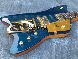 Guitare électrique Thunderbird bleu foncé, corps noir, reliure Bigs Tremolo Bridge, matériel doré, Pickguard scintillant, incrustation de vignettes, en stock