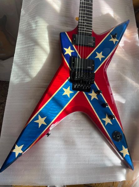 En stock Dimbag Darrell Rebel Confederate Flag Guitarra eléctrica roja Tapa de arce flameado Floyd Rose Puente trémolo Dime Razor Inlay Grover Tuners Black Hardware Whammy Bar