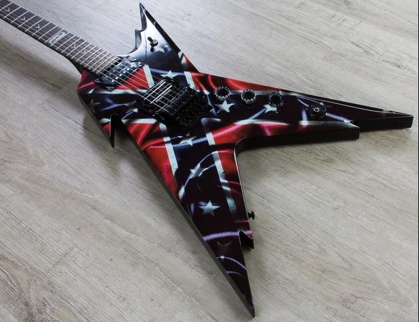 En stock Dimebag Darrell Razorback Rebel Confederate Flag Guitarra eléctrica roja Floyd Rose Tremolo Bridge Dime Razor Inlay Grover Tuners Black Hardware Whammy Bar