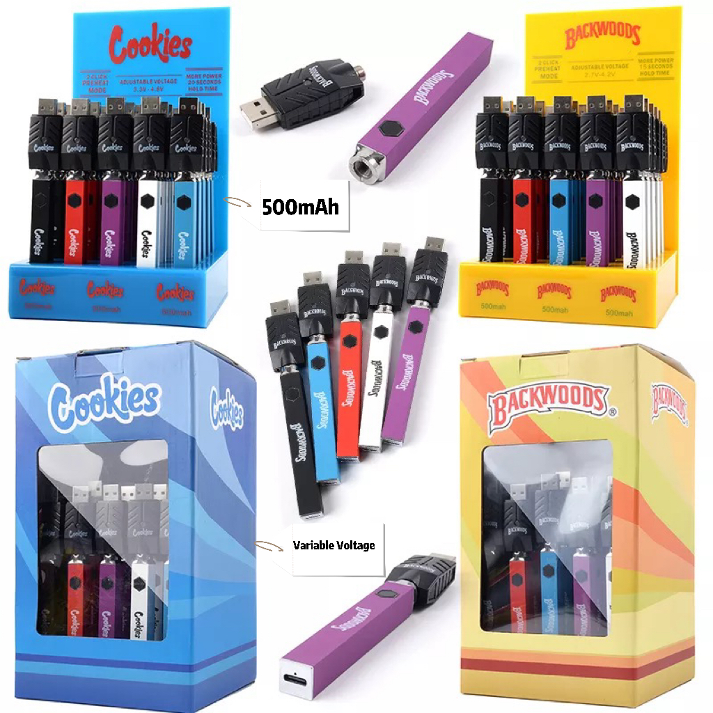 In Stock Display Box COOKIES Backwoods E Cigarette Battery 500mAh Variable Voltage Chargers Preheat Preheating 510 Thread Batteries