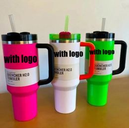 Elektrische neon Wit zwart roze geel groen rode quencher H2.0 Tumblers 40 oz kopjes met handgreeplid en stro auto mokken met 1: 1 logo chocolade goud 40oz waterflessen GG0416