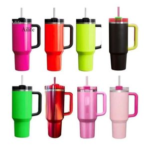 Elektrische neon Wit zwart roze geel groen rode quencher H2.0 Tumblers 40 oz kopjes met handgreeplid en stro auto mokken chocoladegouden 40oz waterflessen gg0423