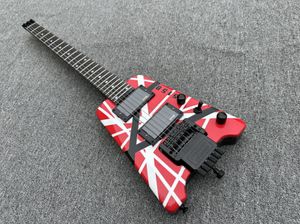 En stock Eddie Edward Van Halen 5150 Rojo Blanco Tiras negras Guitarra eléctrica sin cabeza Diapasón de palisandro China Pastillas EMG Puente trémolo Hardware negro Incrustación de puntos