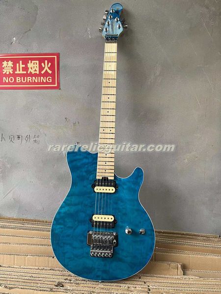 En stock Edward Van Halen Music Man enrie Axe de balle trans le jaune trans trous matelassé matelasque matelas électrique guitare floyd rose tremolo pont écrou à l'écrou