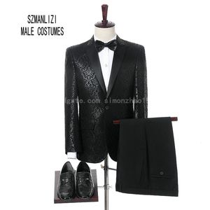 En Stock Élégant Costume Hommes Pour Le Mariage 2018 Hommes Robe Costume Homme Terno Slim Fit Noir Imprimé Fleur Garçons D'honneur Marié Costume Hommes Tuxedo