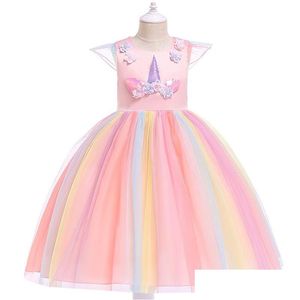 En stock Vestidos de niña de flores Moda Niños Ropa de diseñador Vestido de princesa para niñas Floral Arco iris para niños Entrega formal larga W Dh9Jb