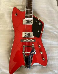En stock G6199 Billy Bo Júpiter Bright Red Thunderbird Guitarra eléctrica Abalone Body Binding Bigs Tremolo Bridge Chrome Hardware Incrustación en miniatura