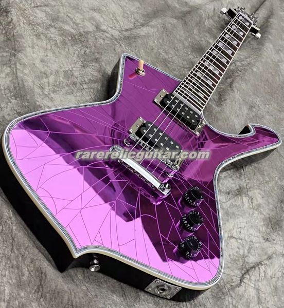 Iceman Stanley – guitare électrique violette avec miroir craquelé, liaison du corps en ormeau, incrustation de bloc de perles, matériel chromé, en Stock