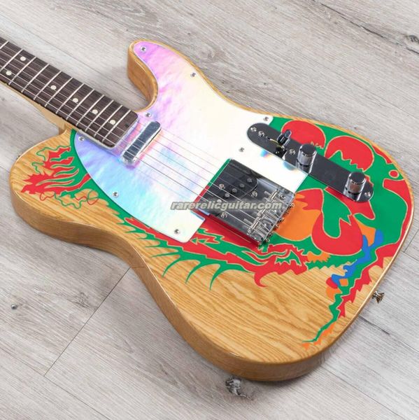 En stock Jimmy Page Dragon Guitarra eléctrica de fresno natural Laca satinada Cuerpo de fresno Material refractivo personalizado bajo golpeador transparente Mástil de arce Diapasón de palisandro