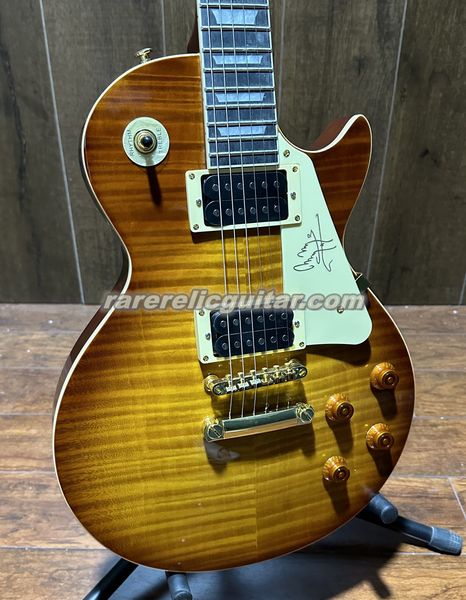 En stock Jimmy Page Tobacco Sunburst Greeny Tiger Flame Top 59 Guitare électrique Grover Tuners Cream Signature Pickguard Maghonay Body Gold Hardware