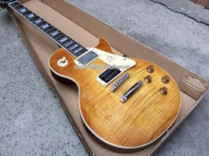 Jimmy Page Vos Vintage Sunburst Tiger Flame Top Marron clair 59 Guitare électrique Tuilp Tuners Crème Signature Pickguard Corps Maghonay Matériel chromé