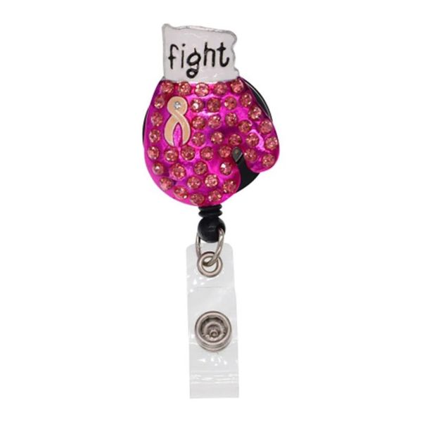 En stock Porte-clés 10pcs / lot Cristal Strass Rose Sensibilisation au cancer du sein Gants de boxe Rétractable Badge Reel ID Holder2789