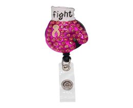 In Stock Key Rings 10PCSlot Crystal Rhinestone Pink Breast Cancer Awareness Boxing Handschoenen Intrekbare badge Reel ID Holder3946703