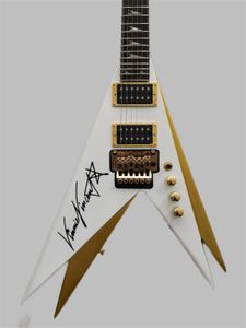 En stock Kiss Vinnie Vincent Pearl White Gold Doble V Guitarra eléctrica Floyd Rose Tremolo Birdge Tuerca de bloqueo Hardware dorado