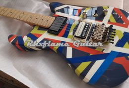En stock Kram Edward Van Halen Blanc Noir Rouge Bleu Jaune Rayures Pacer Sustainer Guitare électrique Chine Micro EMG Floyd Rose Tremolo Bridge Gold Hardware