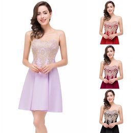 En stock dentelle appliquée robes de soirée courtes col transparent pas cher une ligne robe de soirée de cocktail mini bal de soirée tenue de club longueur au genou CPS361