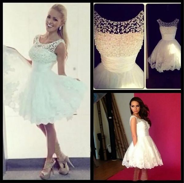 Petites robes de Cocktail blanches, col transparent, perles, dentelle, Appliques, robes de bal courtes, formelles, plage, été, bon marché, en Stock, 2024