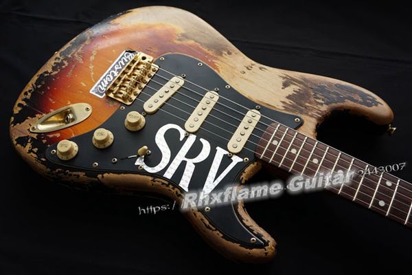 En stock Masterbuilt SRV Stevie Ray Vaughan Heavy Relic Vintage Sunburst Guitare électrique Corps en aulne Touche en palissandre Gaucher Tremolo Bridge Matériel doré