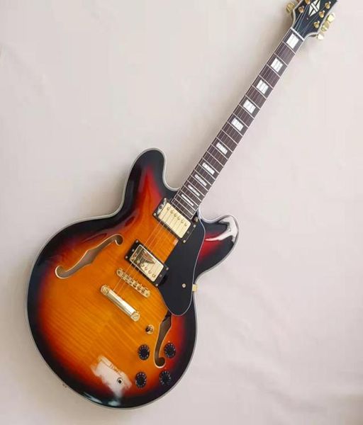 En stock Memphis 335 Guitarra eléctrica semi hueca Sunset Jazz Chapa de arce flameado con incrustaciones laterales y traseras encuadernación personalizada limi2116579