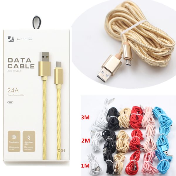 3 pies / 6 pies / 10 pies 2.4A Carcasa de metal Trenzado Micro Cables Durable Carga de alta velocidad Cable USB tipo c para samsung s20 Con paquete minorista