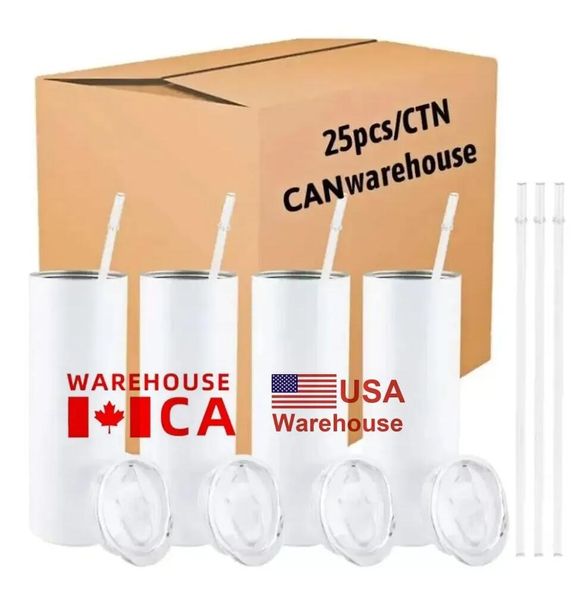 USA CA Local Warehouse 25pc / box Gobelets à sublimation DROIT 20oz avec paille Bouteilles d'eau en acier inoxydable Tasses à double isolation Tasses pour cadeaux d'anniversaire GJ0524