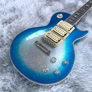 Op voorraad! Zeldzame aas Frehley Big Sparkle Metallic Blauw Burst Silver Electric Guitar Mirror Truss Rod, 3 Chrome Cover Pickups, Grover Tuners,