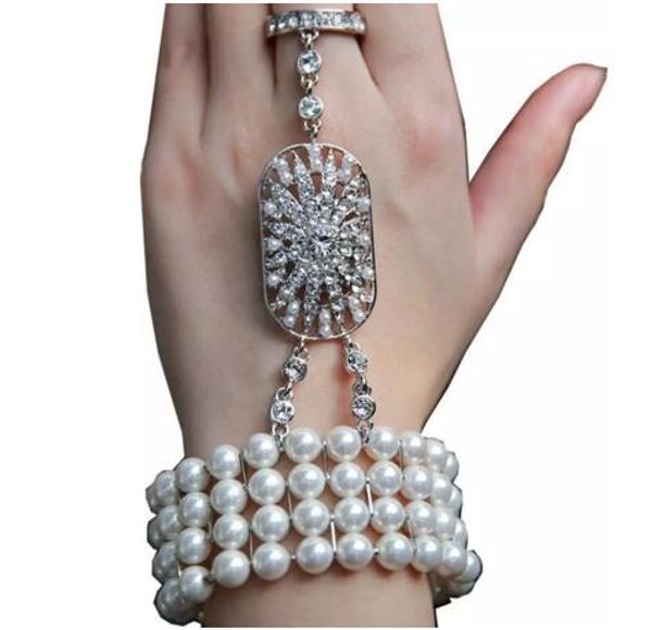 En stock Listo para enviar accesorio de boda Pulsera nupcial de cristal con cadena de mano con anillo286O