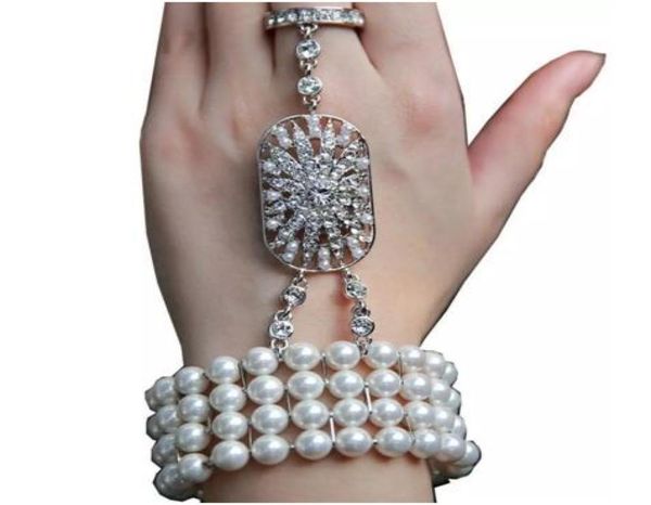 En stock Listo para enviar accesorio de boda Pulsera nupcial de cristal con cadena de mano con anillo5350410